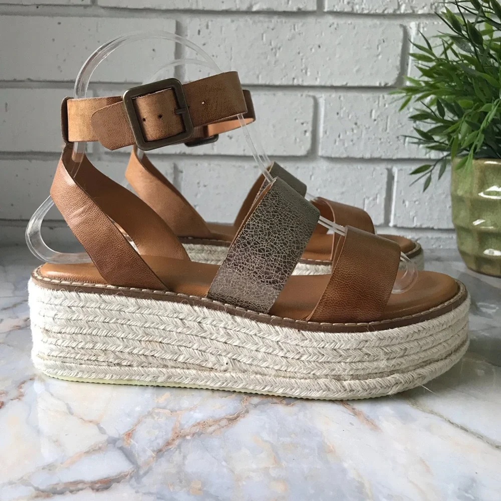Leather Espadrille Wedge Sandal Gold Lug Brown Diba True Day Line New